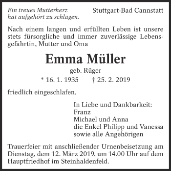Traueranzeige von Emma Müller von Eßlinger Zeitung/Cannstatter Zeitung