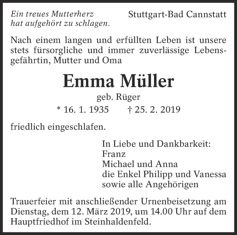  Traueranzeige für Emma Müller vom 07.03.2019 aus Eßlinger Zeitung/Cannstatter Zeitung