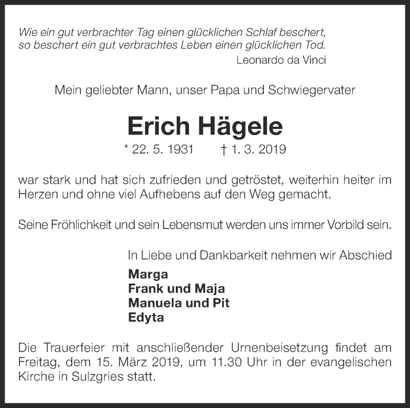  Traueranzeige für Erich Hägele vom 09.03.2019 aus Eßlinger Zeitung/Cannstatter Zeitung
