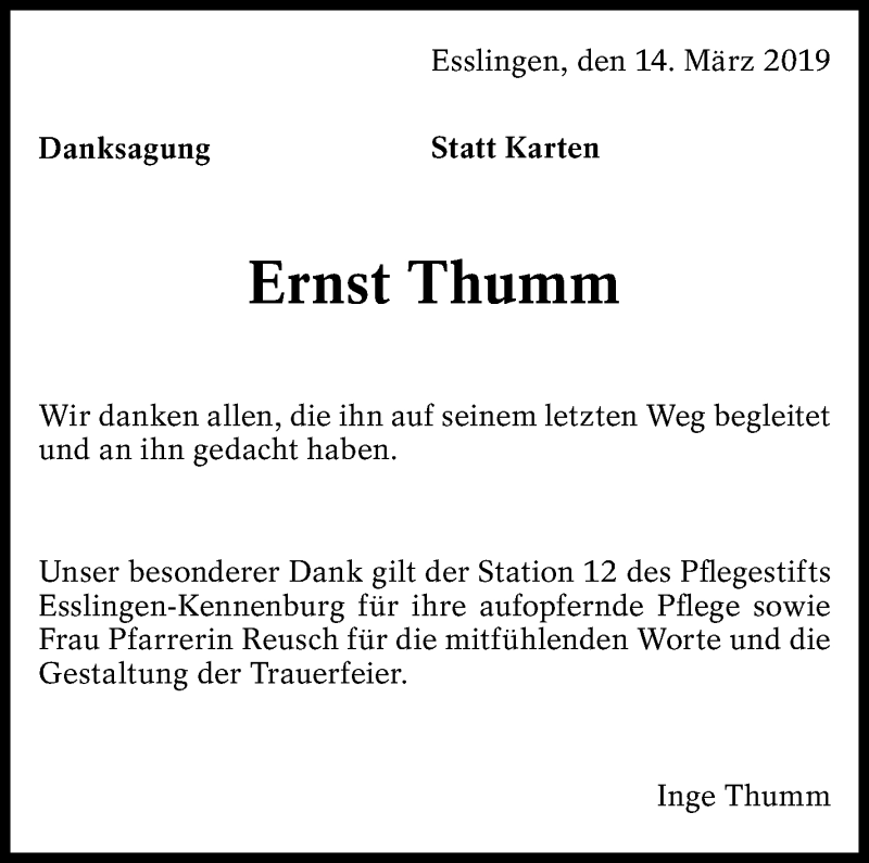  Traueranzeige für Ernst Thumm vom 14.03.2019 aus Eßlinger Zeitung/Cannstatter Zeitung