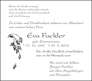 Traueranzeige von Eva Fackler von Eßlinger Zeitung/Cannstatter Zeitung