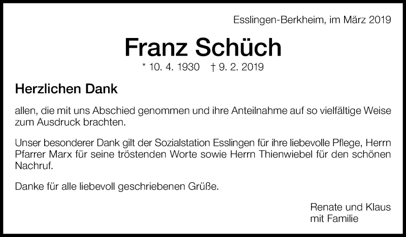  Traueranzeige für Franz Schüch vom 07.03.2019 aus Eßlinger Zeitung/Cannstatter Zeitung