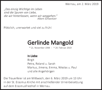 Traueranzeige von Gerlinde Mangold von Eßlinger Zeitung/Cannstatter Zeitung