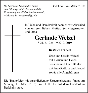 Traueranzeige von Gerlinde Welzel von Eßlinger Zeitung/Cannstatter Zeitung