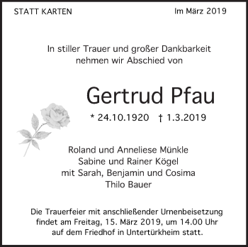 Traueranzeige von Gertrud Pfau von Eßlinger Zeitung/Cannstatter Zeitung