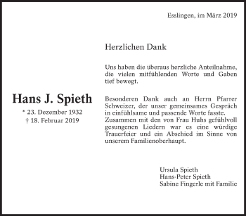 Traueranzeige von Hans J. Spieth von Eßlinger Zeitung/Cannstatter Zeitung