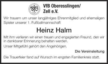 Traueranzeige von Heinz Halm von Eßlinger Zeitung/Cannstatter Zeitung