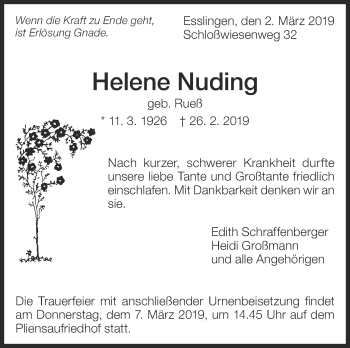 Traueranzeige von Helene Nuding von Eßlinger Zeitung/Cannstatter Zeitung