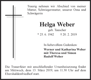 Traueranzeige von Helga Weber von Eßlinger Zeitung/Cannstatter Zeitung