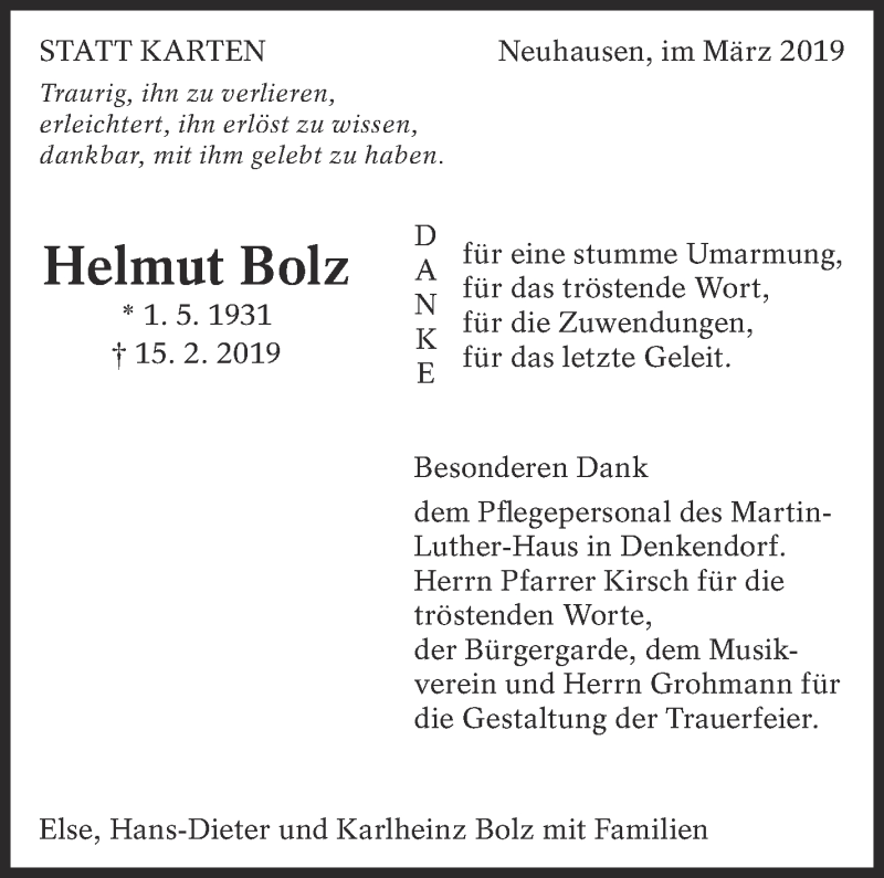  Traueranzeige für Helmut Bolz vom 14.03.2019 aus Eßlinger Zeitung/Cannstatter Zeitung