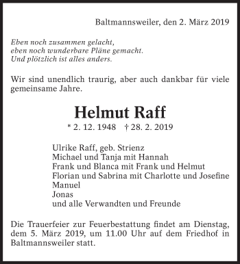 Traueranzeige von Helmut Raff von Eßlinger Zeitung/Cannstatter Zeitung