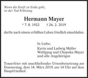 Traueranzeige von Hermann Mayer von Eßlinger Zeitung/Cannstatter Zeitung