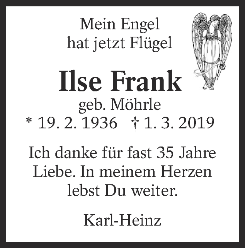  Traueranzeige für Ilse Frank vom 05.03.2019 aus Eßlinger Zeitung/Cannstatter Zeitung