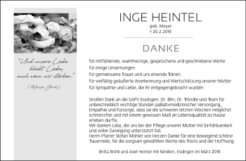Traueranzeige von Inge Heintel von Eßlinger Zeitung/Cannstatter Zeitung
