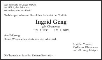 Traueranzeige von Ingrid Geng von Eßlinger Zeitung/Cannstatter Zeitung