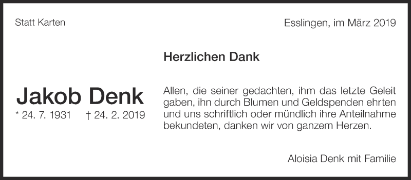  Traueranzeige für Jakob Denk vom 16.03.2019 aus Eßlinger Zeitung/Cannstatter Zeitung