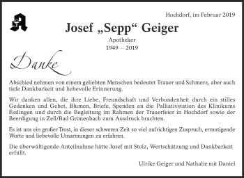 Traueranzeige von Josef Geiger von Eßlinger Zeitung/Cannstatter Zeitung