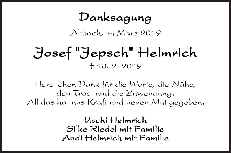  Traueranzeige für Josef Helmrich vom 22.03.2019 aus Eßlinger Zeitung/Cannstatter Zeitung