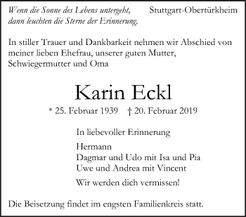 Traueranzeige von Karin Eckl von Eßlinger Zeitung/Cannstatter Zeitung