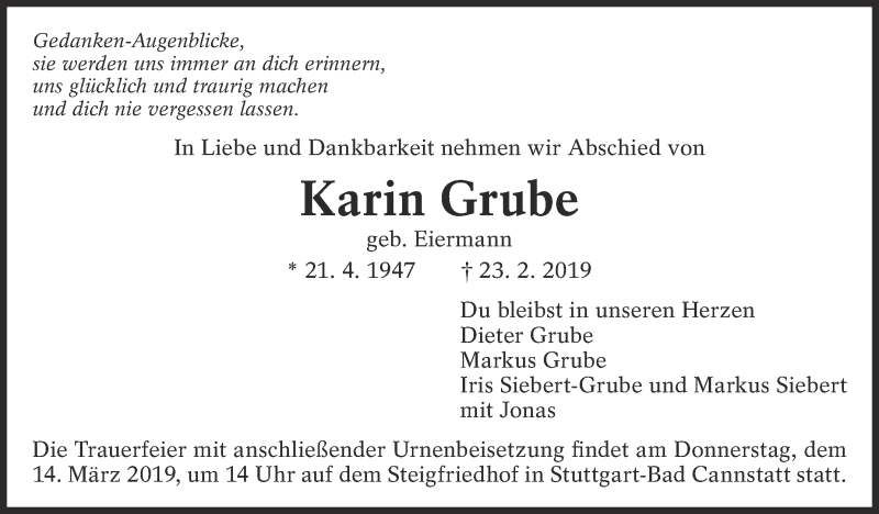  Traueranzeige für Karin Grube vom 07.03.2019 aus Eßlinger Zeitung/Cannstatter Zeitung