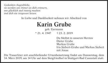 Traueranzeige von Karin Grube von Eßlinger Zeitung/Cannstatter Zeitung