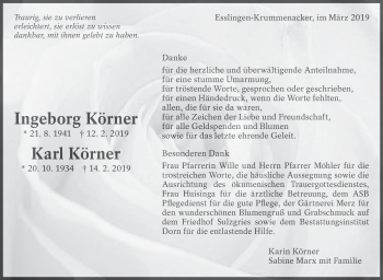 Traueranzeige von Karl Körner von Eßlinger Zeitung/Cannstatter Zeitung