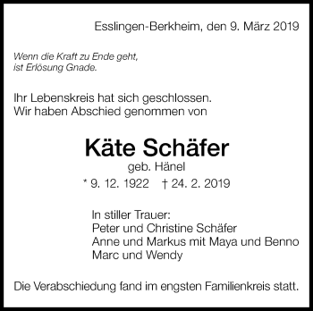 Traueranzeige von Käte Schäfer von Eßlinger Zeitung/Cannstatter Zeitung