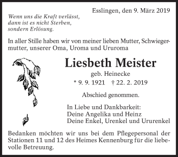 Traueranzeige von Liesbeth Meister von Eßlinger Zeitung/Cannstatter Zeitung