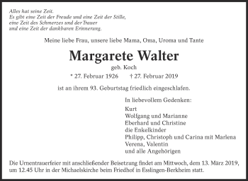 Traueranzeige von Margarete Walter von Eßlinger Zeitung/Cannstatter Zeitung