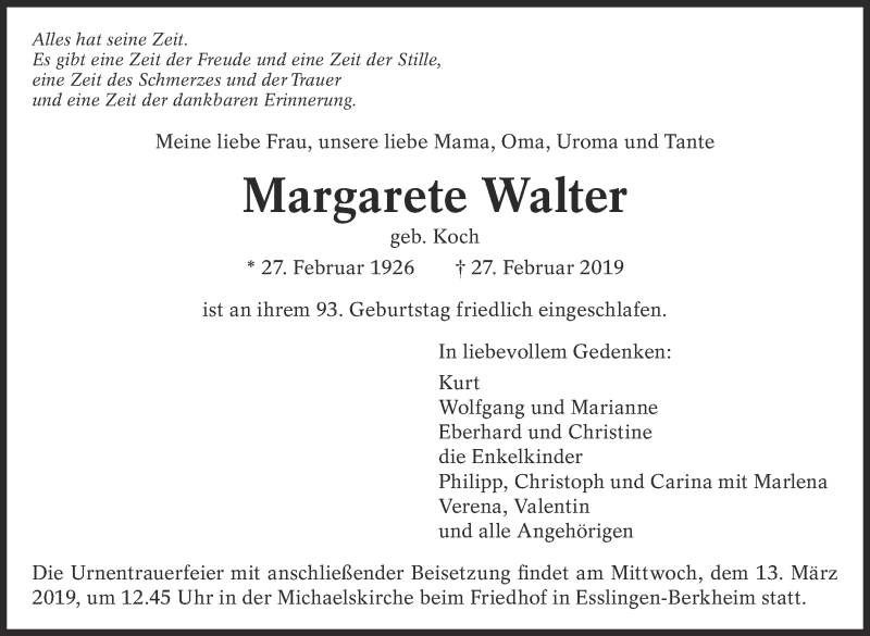  Traueranzeige für Margarete Walter vom 02.03.2019 aus Eßlinger Zeitung/Cannstatter Zeitung