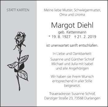 Traueranzeige von Margot Diehl von Eßlinger Zeitung/Cannstatter Zeitung