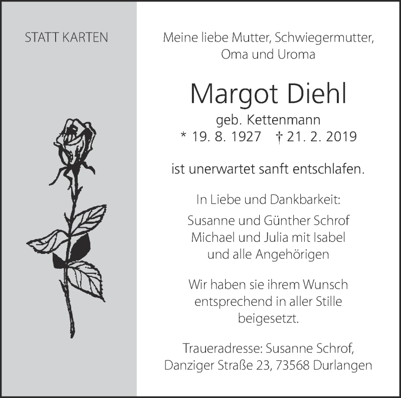  Traueranzeige für Margot Diehl vom 21.03.2019 aus Eßlinger Zeitung/Cannstatter Zeitung