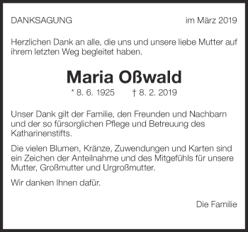 Traueranzeige von Maria Oßwald von Eßlinger Zeitung/Cannstatter Zeitung
