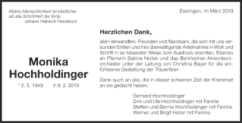 Traueranzeige von Monika Hochholdinger von Eßlinger Zeitung/Cannstatter Zeitung