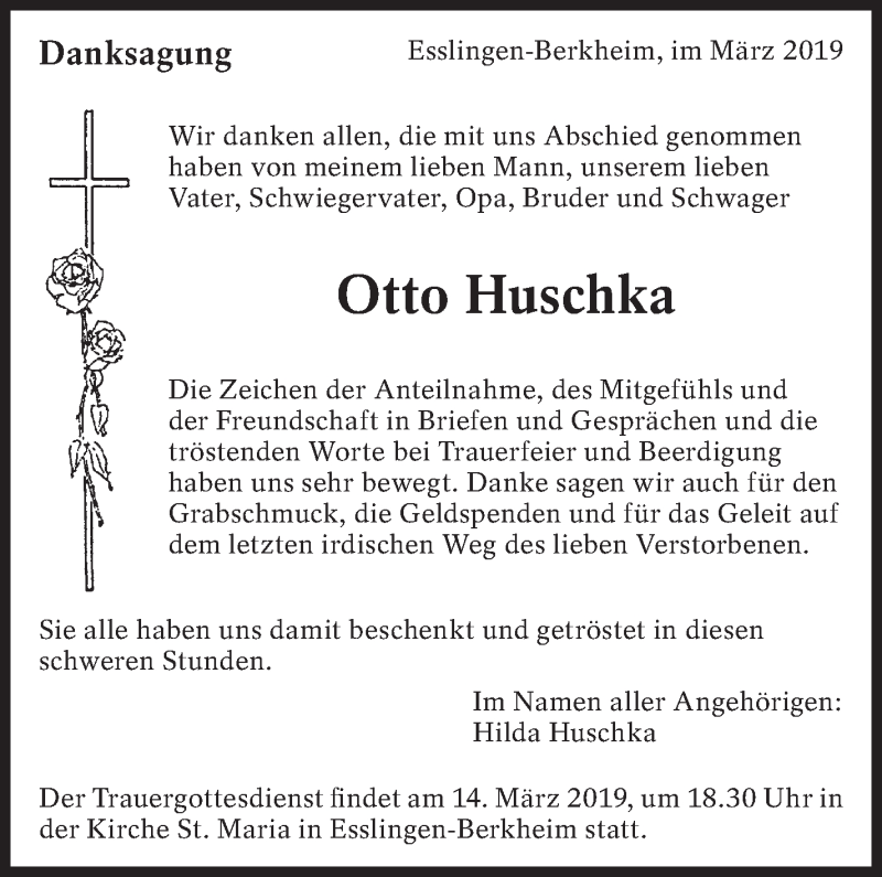 Traueranzeige für Otto Huschka vom 06.03.2019 aus Eßlinger Zeitung/Cannstatter Zeitung