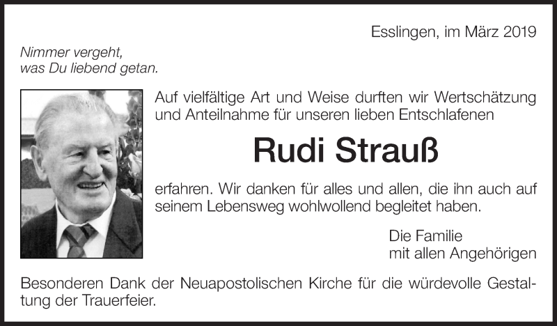  Traueranzeige für Rudi Strauß vom 09.03.2019 aus Eßlinger Zeitung/Cannstatter Zeitung