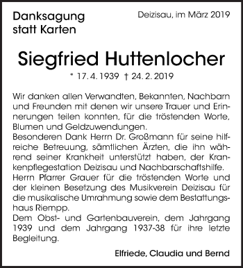 Traueranzeige von Siegfried Huttenlocher von Eßlinger Zeitung/Cannstatter Zeitung