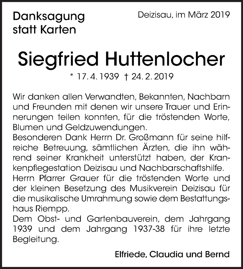  Traueranzeige für Siegfried Huttenlocher vom 20.03.2019 aus Eßlinger Zeitung/Cannstatter Zeitung