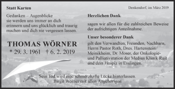 Traueranzeige von Thomas Wörner von Eßlinger Zeitung/Cannstatter Zeitung