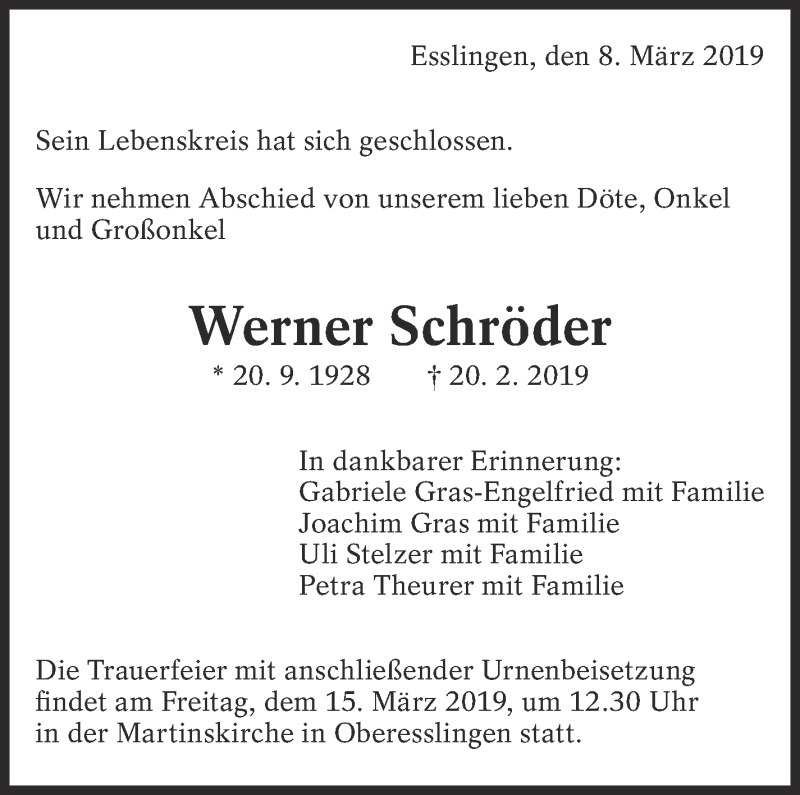  Traueranzeige für Werner Schröder vom 08.03.2019 aus Eßlinger Zeitung/Cannstatter Zeitung