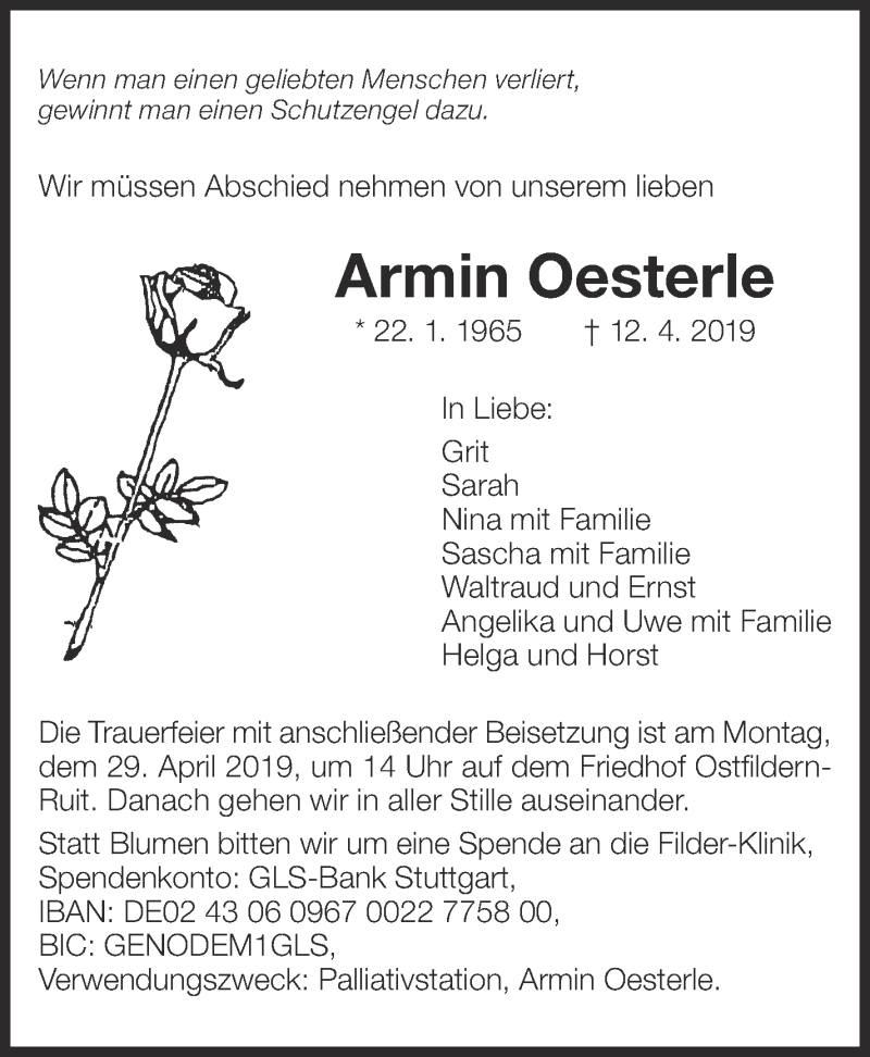  Traueranzeige für Armin Oesterle vom 24.04.2019 aus Eßlinger Zeitung/Cannstatter Zeitung