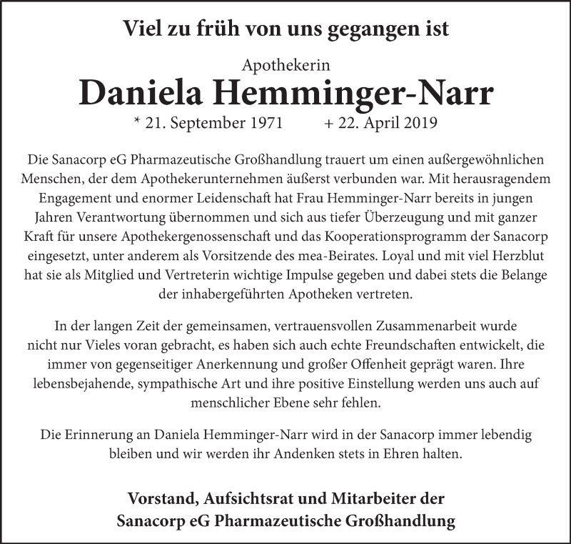  Traueranzeige für Daniela Hemminger-Narr vom 26.04.2019 aus Eßlinger Zeitung/Cannstatter Zeitung