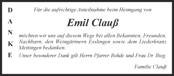 Traueranzeige von Emil Clauß von Eßlinger Zeitung/Cannstatter Zeitung