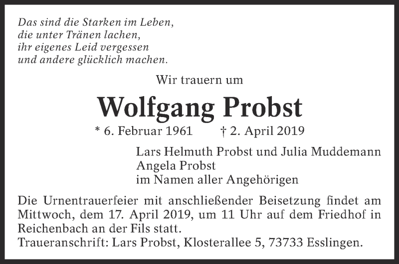  Traueranzeige für Wolfgang Probst vom 13.04.2019 aus Eßlinger Zeitung/Cannstatter Zeitung