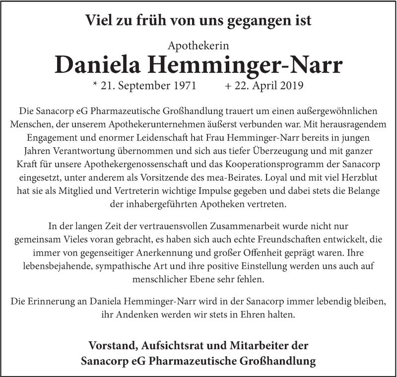  Traueranzeige für Daniela Hemminger-Narr vom 27.04.2019 aus Eßlinger Zeitung/Cannstatter Zeitung