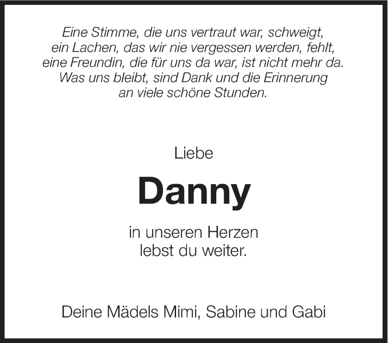  Traueranzeige für Daniela Hemminger-Narr vom 26.04.2019 aus Eßlinger Zeitung/Cannstatter Zeitung