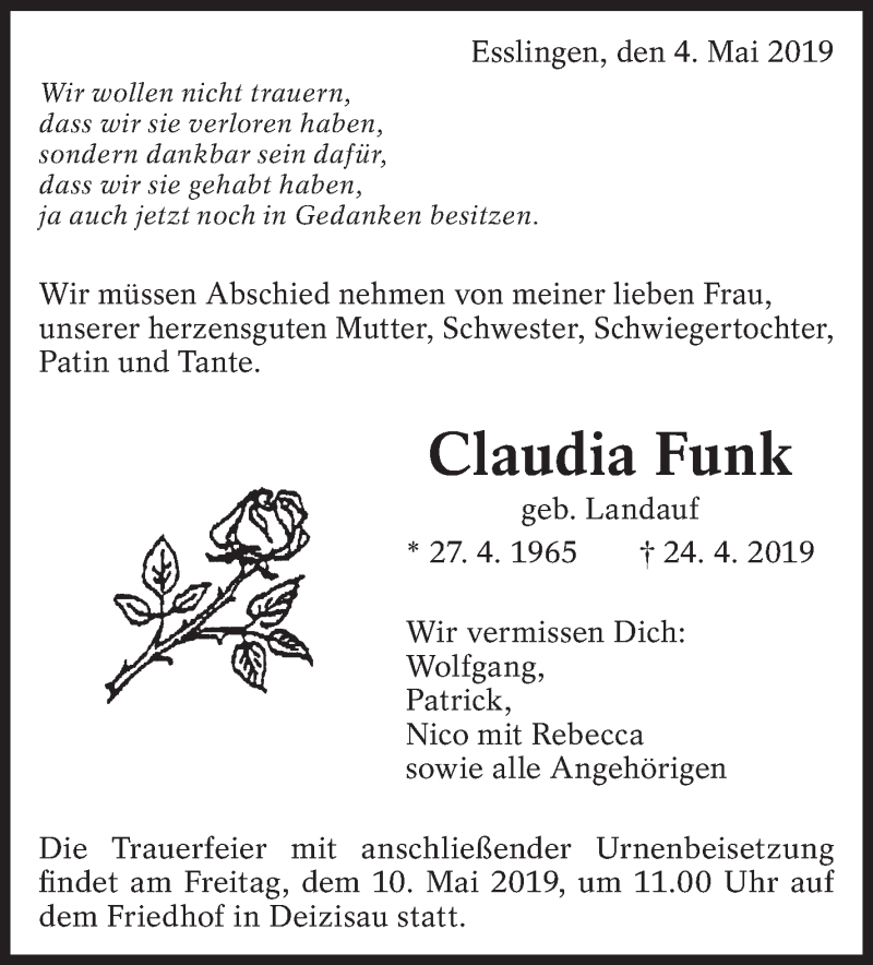  Traueranzeige für Claudia Funk vom 04.05.2019 aus Eßlinger Zeitung/Cannstatter Zeitung