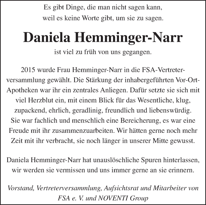  Traueranzeige für Daniela Hemminger-Narr vom 02.05.2019 aus Eßlinger Zeitung/Cannstatter Zeitung