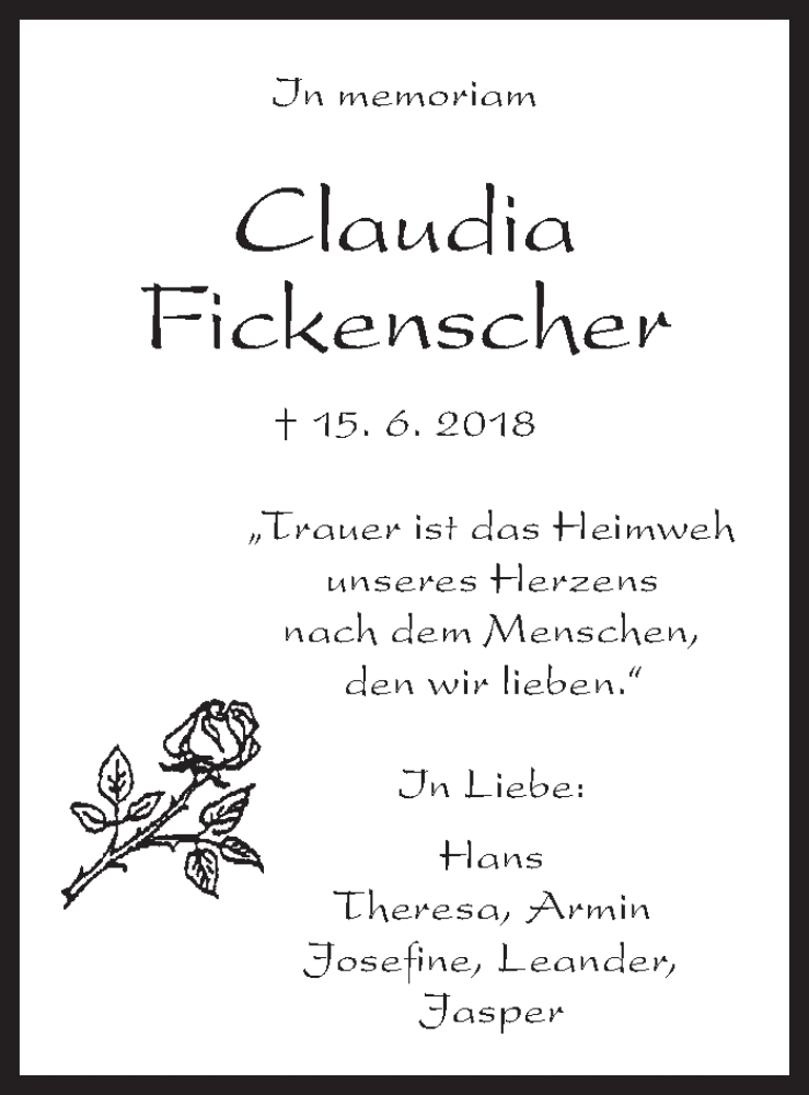  Traueranzeige für Claudia Fickenscher vom 15.06.2019 aus Eßlinger Zeitung/Cannstatter Zeitung