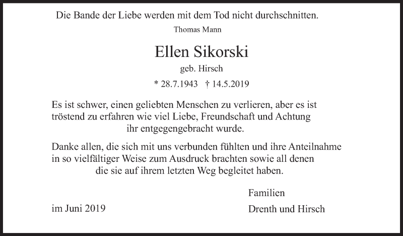  Traueranzeige für Ellen Sikorski vom 27.06.2019 aus Eßlinger Zeitung/Cannstatter Zeitung